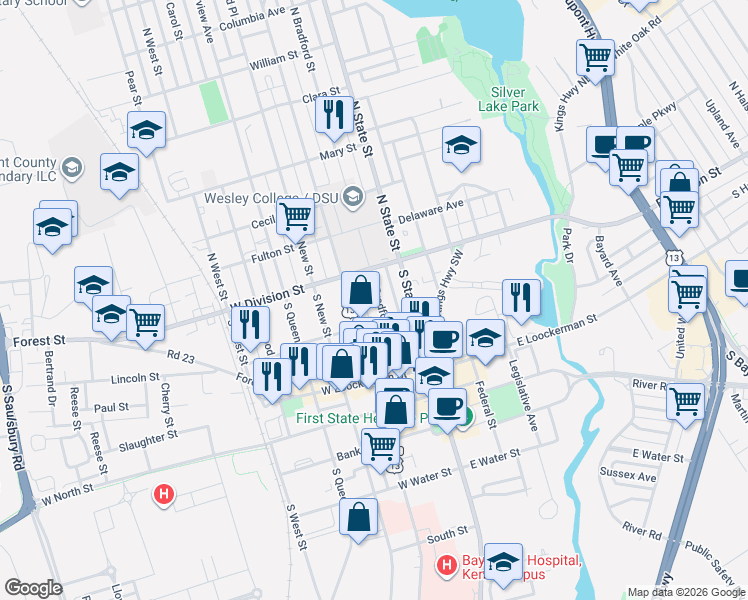map of restaurants, bars, coffee shops, grocery stores, and more near 40 South Bradford Street in Dover