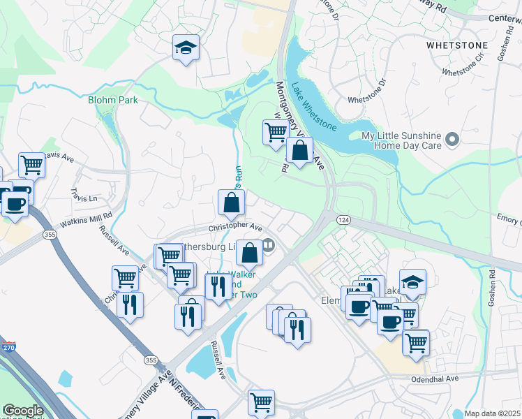 map of restaurants, bars, coffee shops, grocery stores, and more near 9907 Boysenberry Way in Gaithersburg