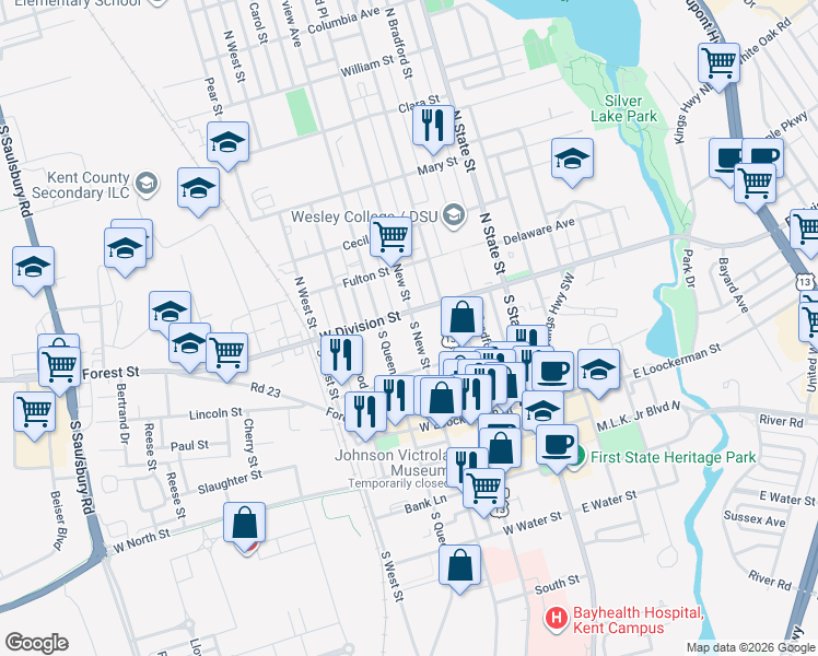 map of restaurants, bars, coffee shops, grocery stores, and more near 8 South New Street in Dover