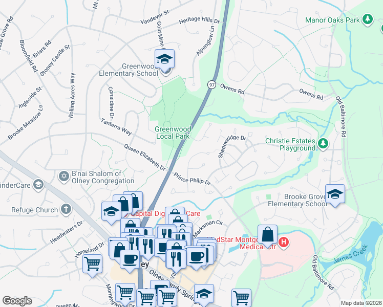 map of restaurants, bars, coffee shops, grocery stores, and more near 18514 Viburnum Way in Olney