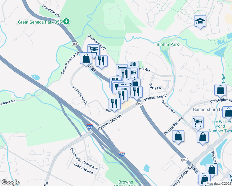 map of restaurants, bars, coffee shops, grocery stores, and more near 390 Spectrum Avenue in Gaithersburg