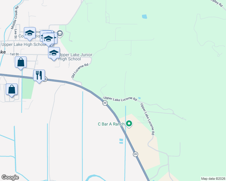map of restaurants, bars, coffee shops, grocery stores, and more near 9176 Upper Lake Lucerne Road in Upper Lake