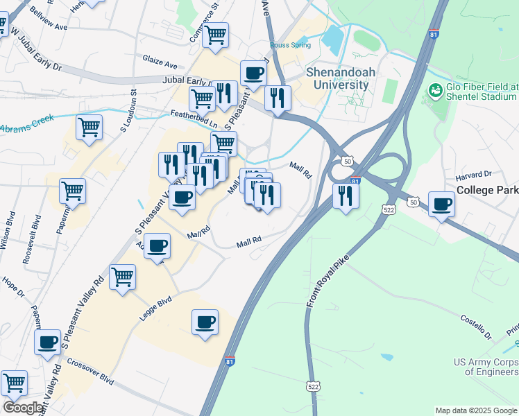 map of restaurants, bars, coffee shops, grocery stores, and more near 1850 Apple Blossom Drive in Winchester