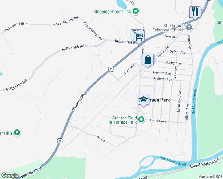 map of restaurants, bars, coffee shops, grocery stores, and more near 2 Kent Cir in Terrace Park