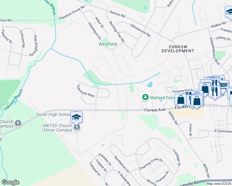 map of restaurants, bars, coffee shops, grocery stores, and more near 28 Stoney Drive in Dover