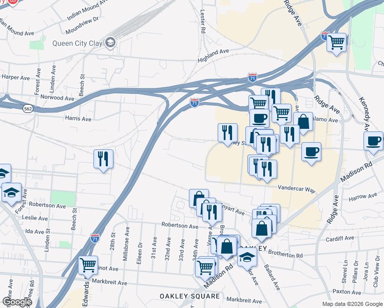 map of restaurants, bars, coffee shops, grocery stores, and more near 2940 Disney Street in Cincinnati