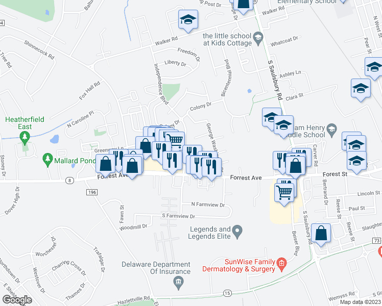 map of restaurants, bars, coffee shops, grocery stores, and more near 1237 Andrew Drive in Dover