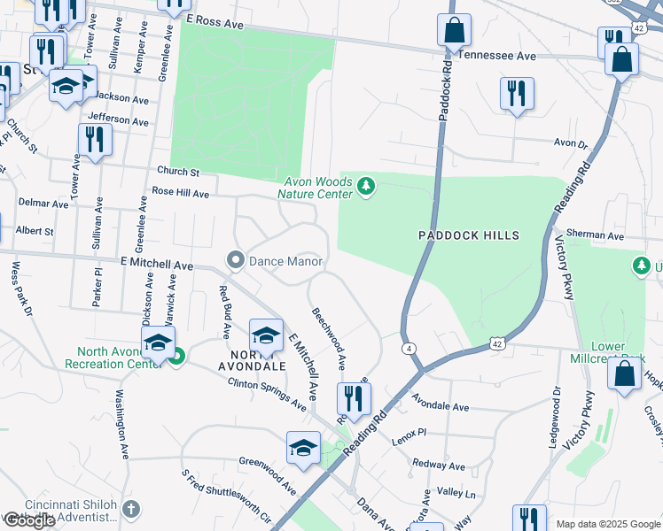 map of restaurants, bars, coffee shops, grocery stores, and more near 4098 Rose Hill Avenue in Cincinnati