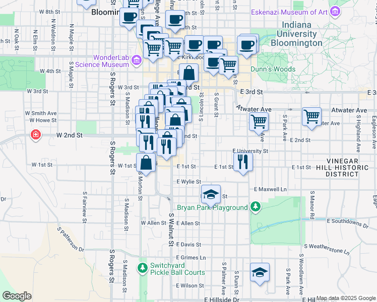 map of restaurants, bars, coffee shops, grocery stores, and more near 527 South Washington Street in Bloomington
