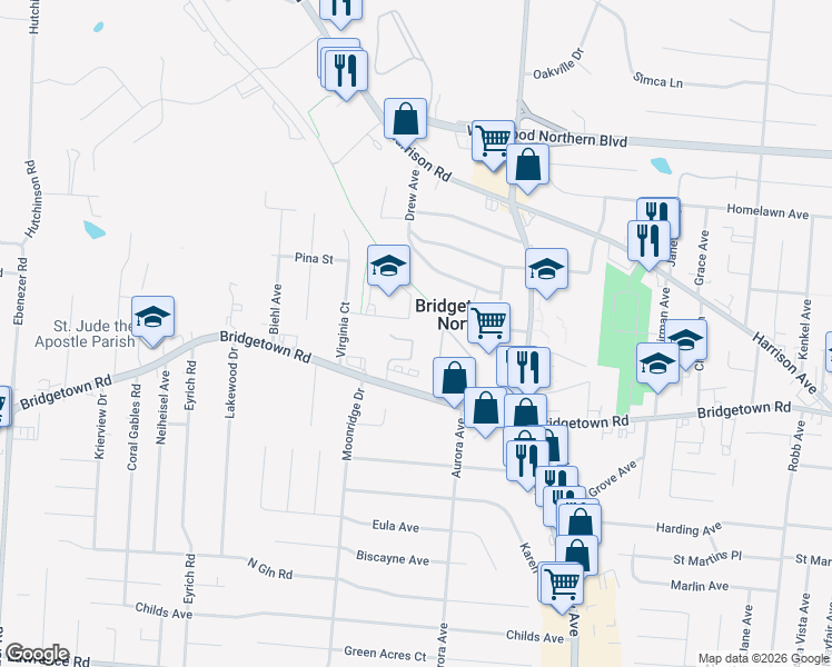 map of restaurants, bars, coffee shops, grocery stores, and more near 5648 Bridgetown Road in Cincinnati