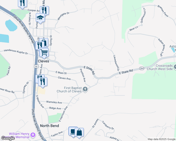 map of restaurants, bars, coffee shops, grocery stores, and more near 249 East State Road in Cleves