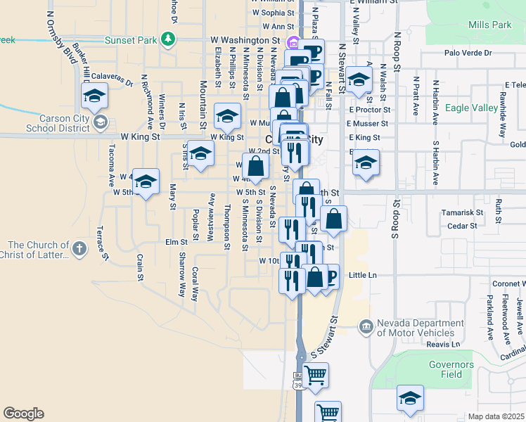 map of restaurants, bars, coffee shops, grocery stores, and more near 604 South Nevada Street in Carson City