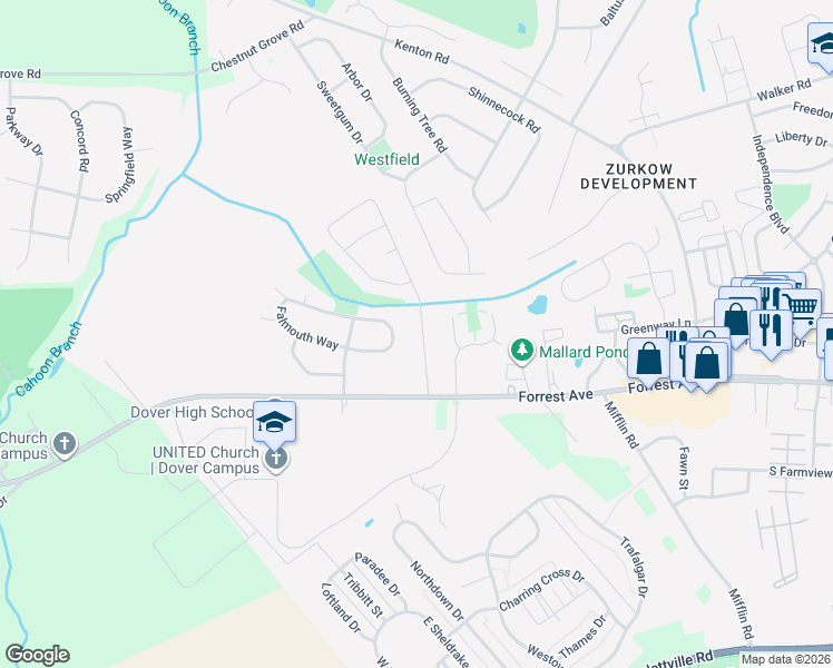 map of restaurants, bars, coffee shops, grocery stores, and more near 28 Stoney Drive in Dover