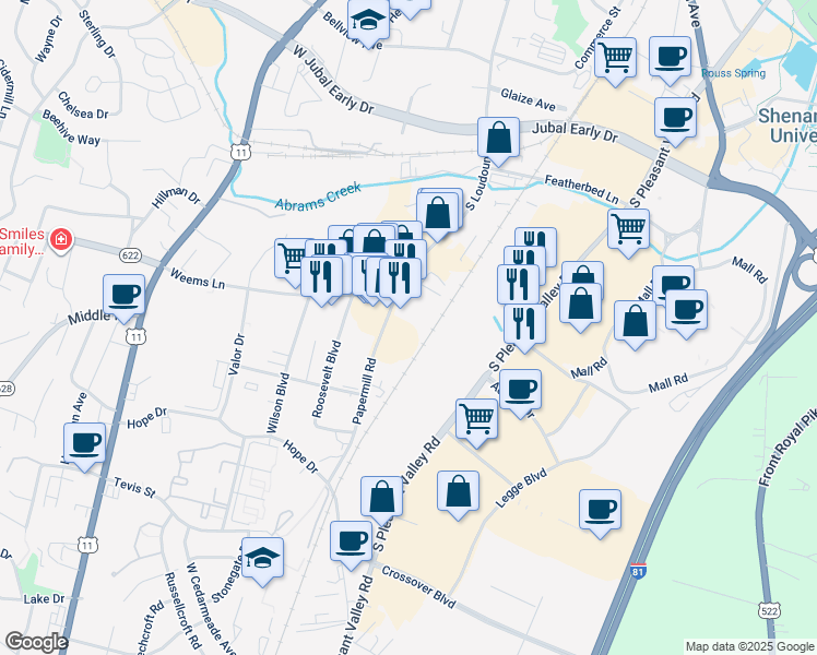map of restaurants, bars, coffee shops, grocery stores, and more near 2180 South Loudoun Street in Winchester