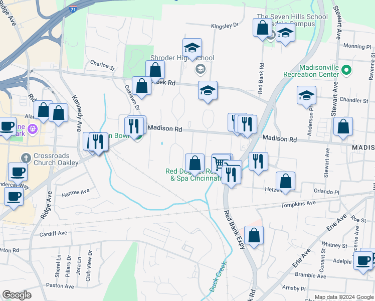 map of restaurants, bars, coffee shops, grocery stores, and more near 4952 Charlemar Drive in Cincinnati