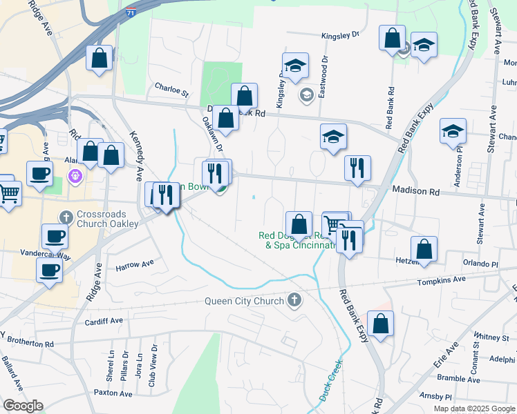 map of restaurants, bars, coffee shops, grocery stores, and more near 4959 Kelsch Lane in Cincinnati