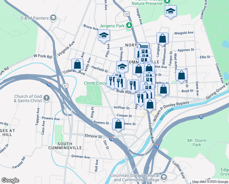 map of restaurants, bars, coffee shops, grocery stores, and more near 1705 Blue Rock Street in Cincinnati