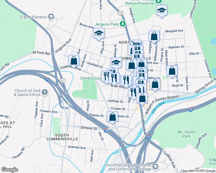 map of restaurants, bars, coffee shops, grocery stores, and more near 1705 Blue Rock Street in Cincinnati