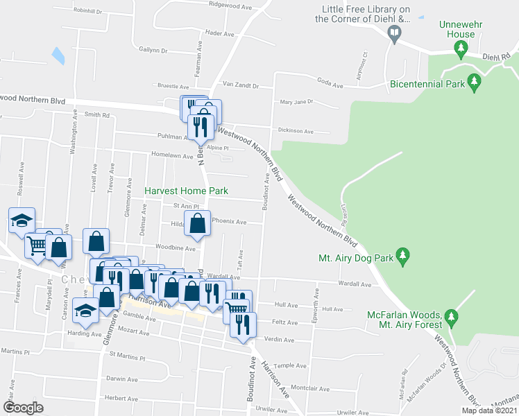 map of restaurants, bars, coffee shops, grocery stores, and more near 3309 Augusta Avenue in Cincinnati