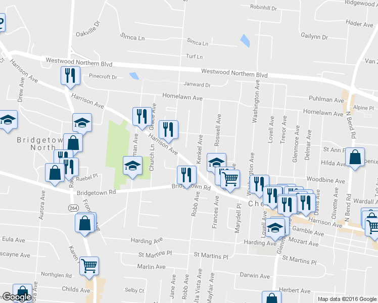 map of restaurants, bars, coffee shops, grocery stores, and more near 3937 Kenkel Avenue in Cincinnati