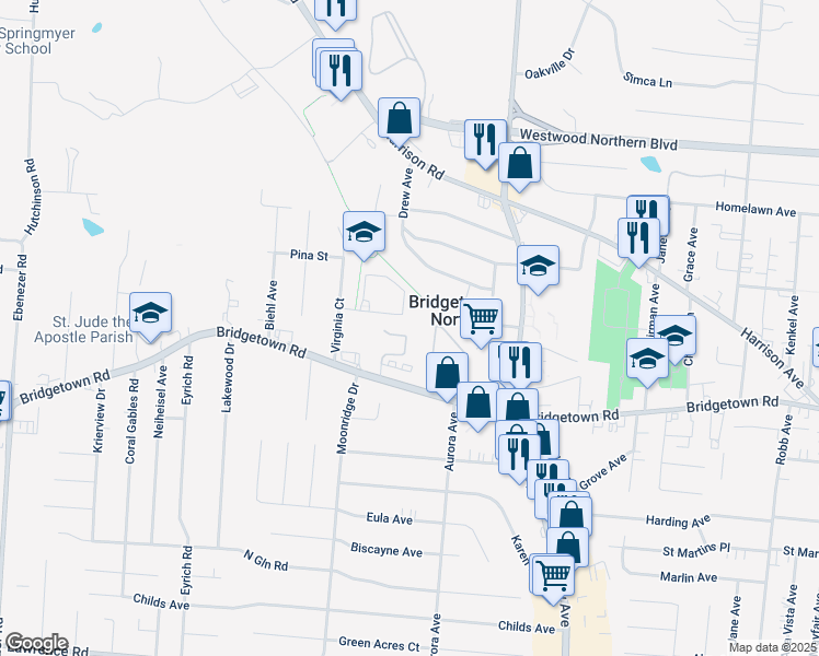 map of restaurants, bars, coffee shops, grocery stores, and more near 5648 Bridgetown Road in Cincinnati