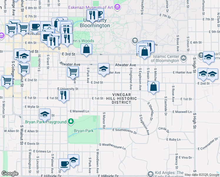 map of restaurants, bars, coffee shops, grocery stores, and more near 915 East University Street in Bloomington