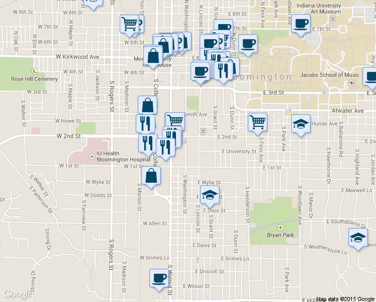 map of restaurants, bars, coffee shops, grocery stores, and more near 527 South Washington Street in Bloomington