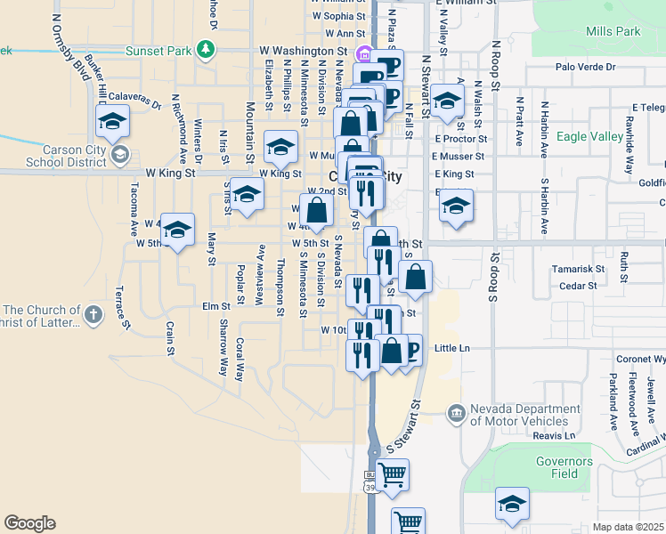 map of restaurants, bars, coffee shops, grocery stores, and more near 604 South Nevada Street in Carson City