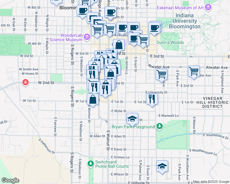 map of restaurants, bars, coffee shops, grocery stores, and more near 527 South Washington Street in Bloomington