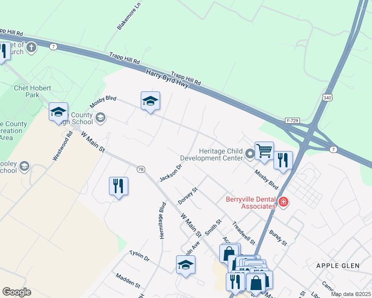 map of restaurants, bars, coffee shops, grocery stores, and more near 115 North Church Street in Berryville