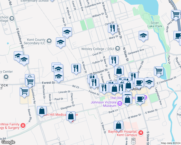 map of restaurants, bars, coffee shops, grocery stores, and more near 507 West Division Street in Dover
