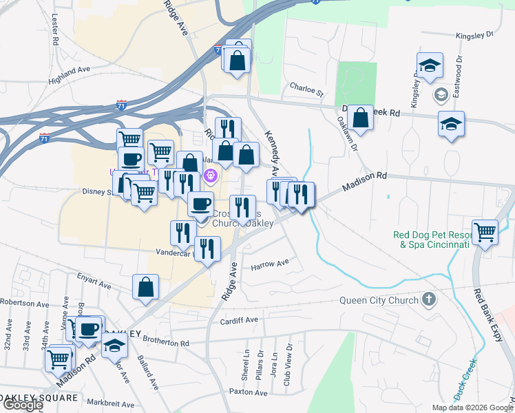 map of restaurants, bars, coffee shops, grocery stores, and more near 3521 Ibsen Avenue in Cincinnati