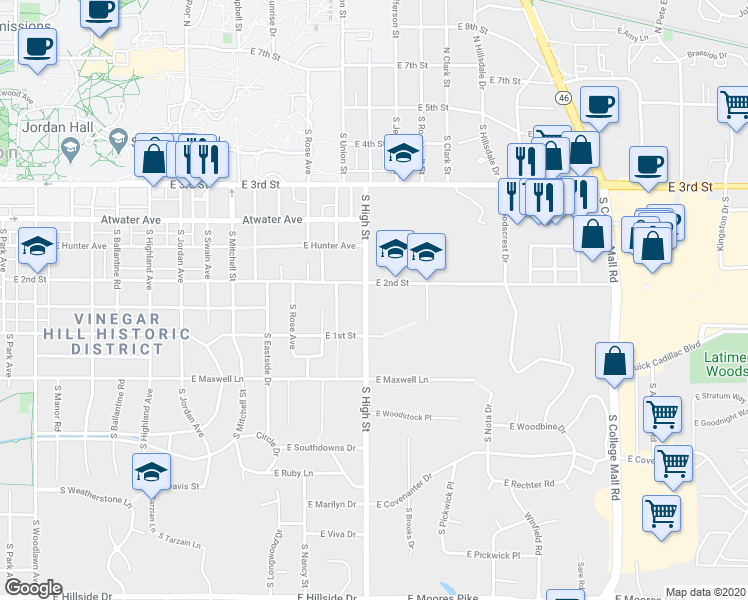 map of restaurants, bars, coffee shops, grocery stores, and more near 701 South High Street in Bloomington
