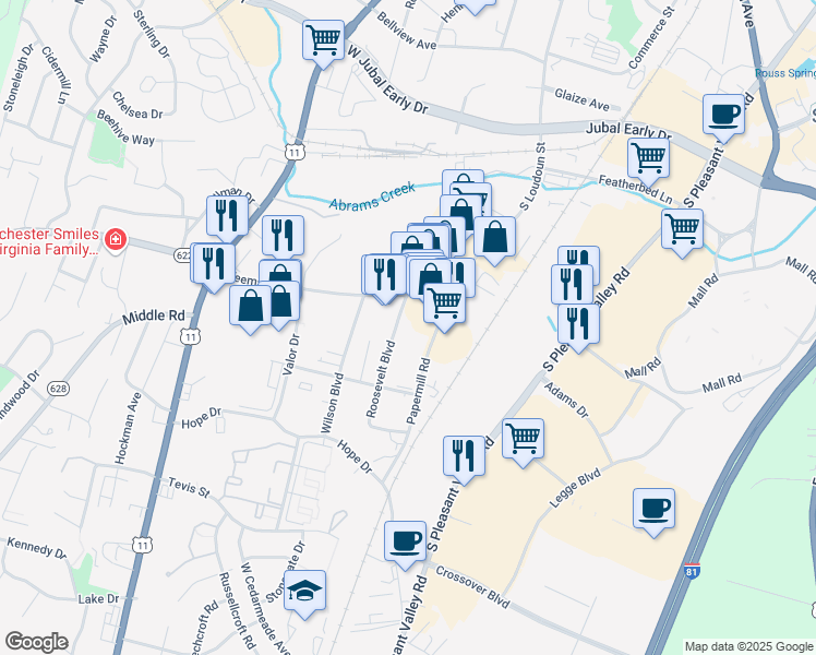 map of restaurants, bars, coffee shops, grocery stores, and more near 2220 Roosevelt Boulevard in Winchester