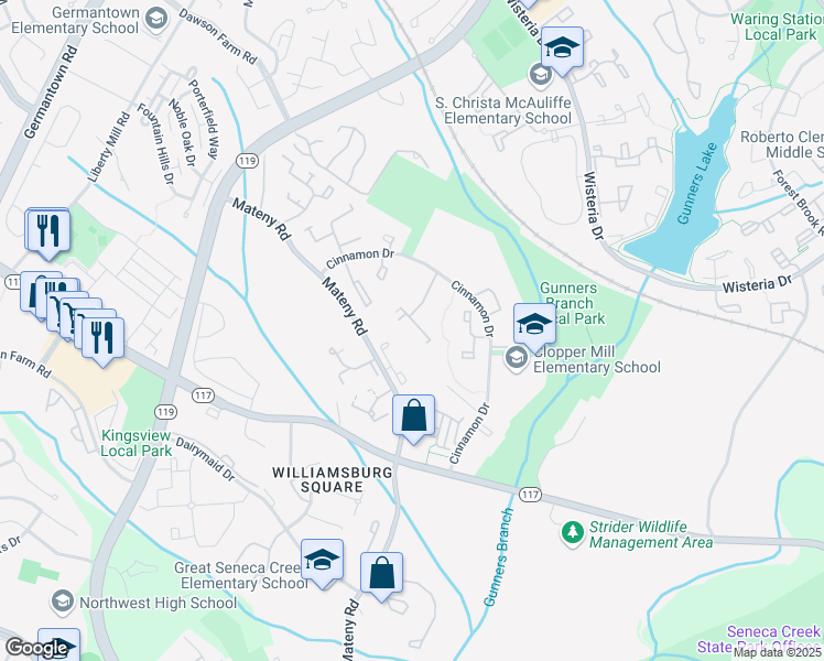 map of restaurants, bars, coffee shops, grocery stores, and more near 12842 Sage Terrace in Germantown