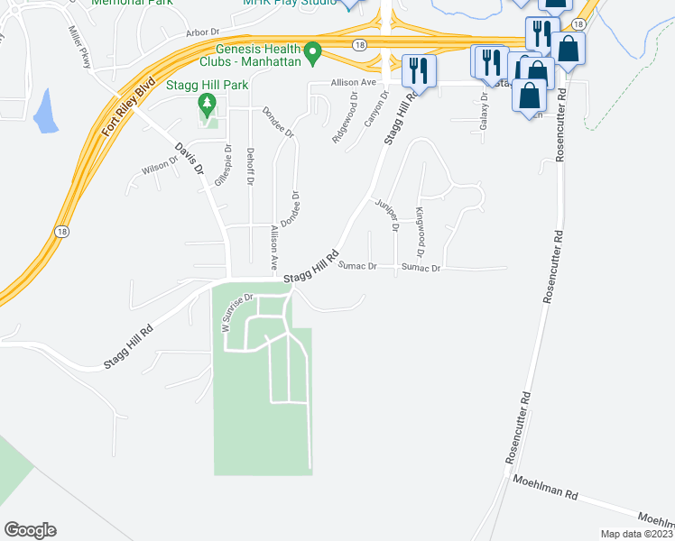 map of restaurants, bars, coffee shops, grocery stores, and more near 2621 Sumac Drive in Manhattan