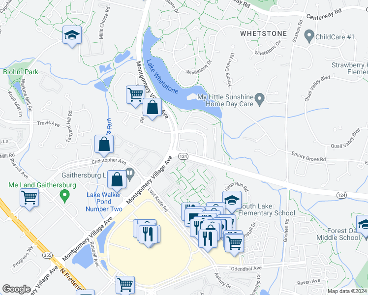 map of restaurants, bars, coffee shops, grocery stores, and more near 20 Docena Court in Gaithersburg