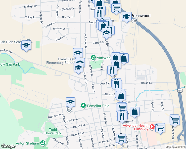map of restaurants, bars, coffee shops, grocery stores, and more near 1075 North Pine Street in Ukiah