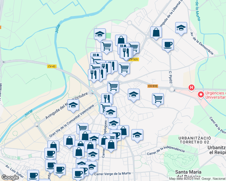 map of restaurants, bars, coffee shops, grocery stores, and more near 44 Calle General Espartero in Alcira