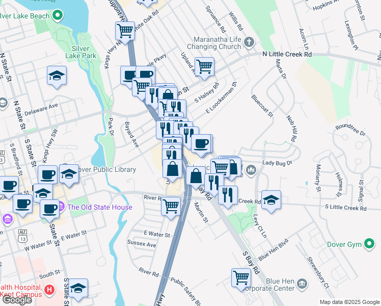map of restaurants, bars, coffee shops, grocery stores, and more near 245 South Dupont Highway in Dover