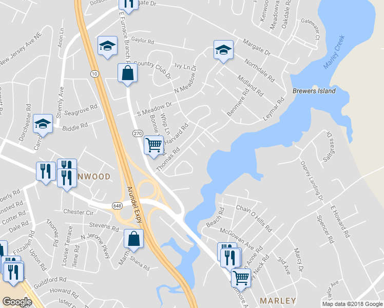 map of restaurants, bars, coffee shops, grocery stores, and more near 105 Old Farm Court in Glen Burnie