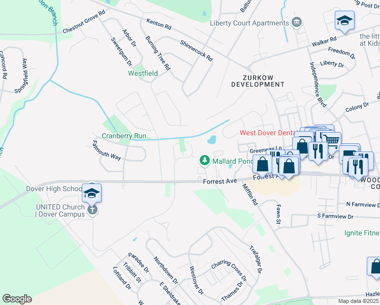 map of restaurants, bars, coffee shops, grocery stores, and more near 30 Heatherfield Way in Dover