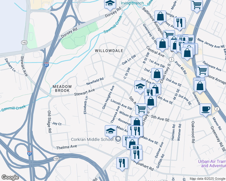 map of restaurants, bars, coffee shops, grocery stores, and more near 513 Glen Heights Avenue in Glen Burnie