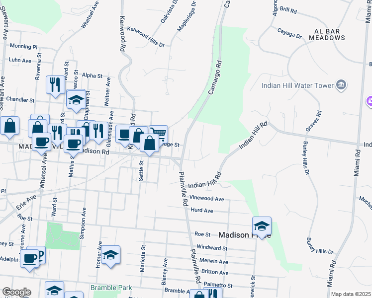 map of restaurants, bars, coffee shops, grocery stores, and more near 5022 Camargo Pike in Cincinnati