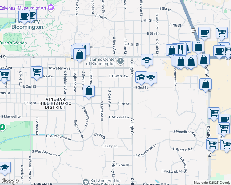 map of restaurants, bars, coffee shops, grocery stores, and more near 620 South Anita Street in Bloomington