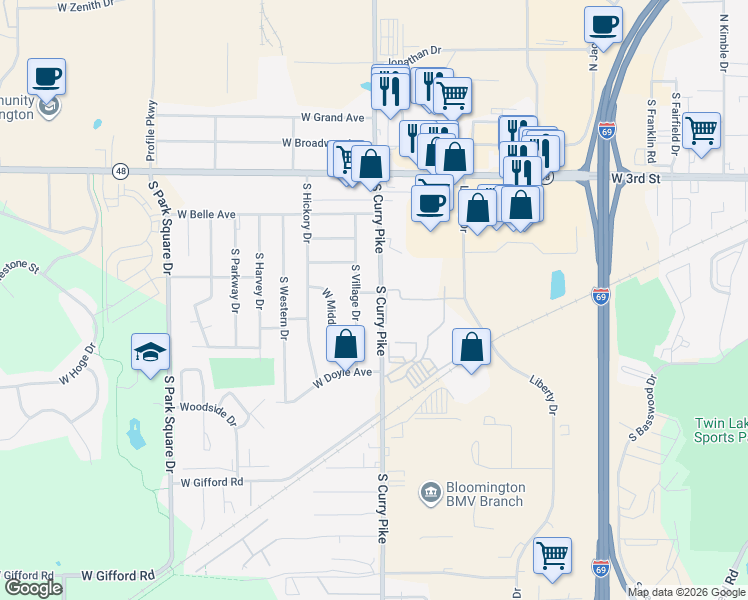 map of restaurants, bars, coffee shops, grocery stores, and more near 700 South Curry Pike in Bloomington