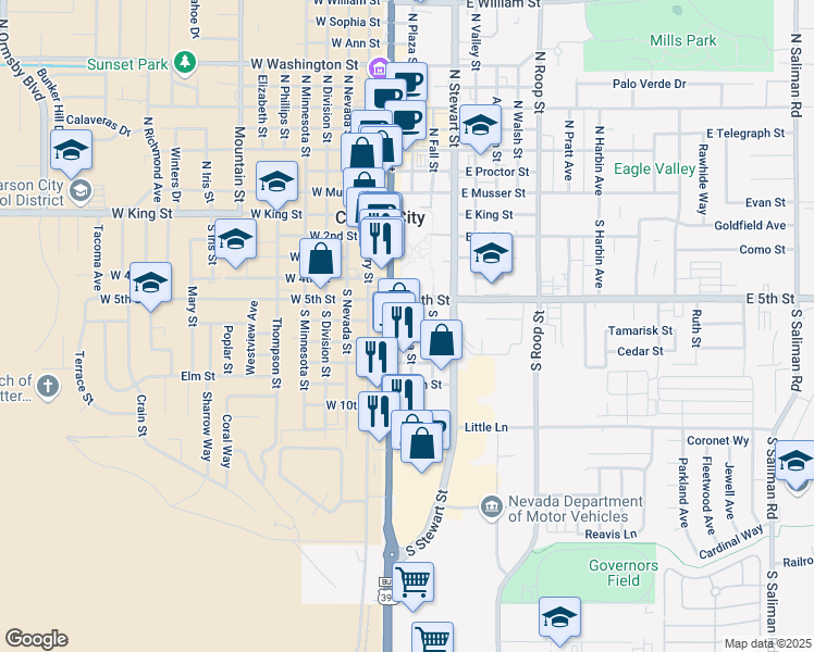 map of restaurants, bars, coffee shops, grocery stores, and more near 111 East 6th Street in Carson City