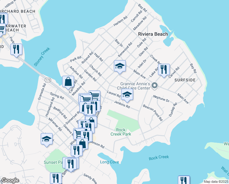 map of restaurants, bars, coffee shops, grocery stores, and more near 8491 Laurel Road in Pasadena