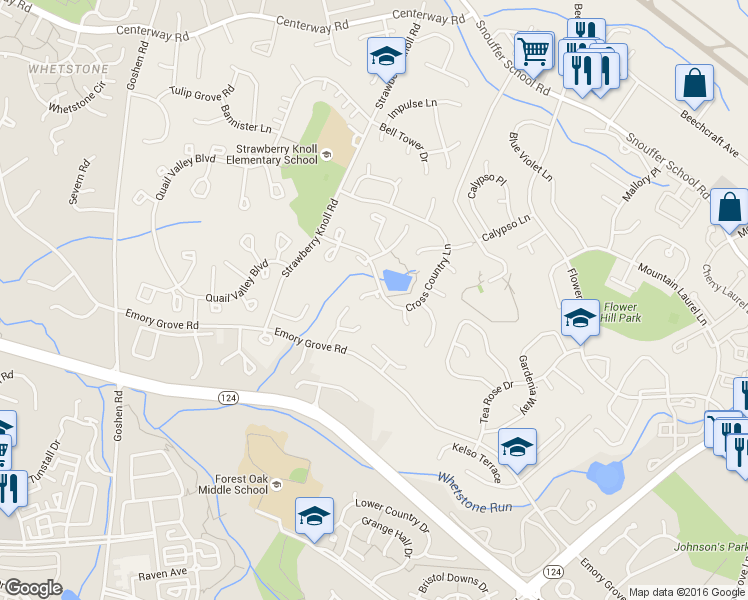 map of restaurants, bars, coffee shops, grocery stores, and more near 18735 Cross Country Lane in Gaithersburg