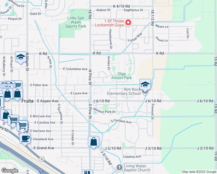 map of restaurants, bars, coffee shops, grocery stores, and more near 1103 Claremont Drive in Fruita